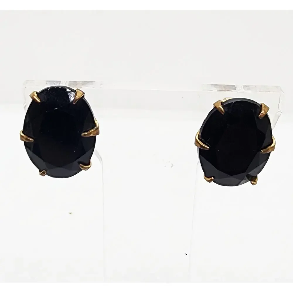 Vintage Big Black Oval Earrings Faceted Glass Stone Gold Tone Clip On 1950s